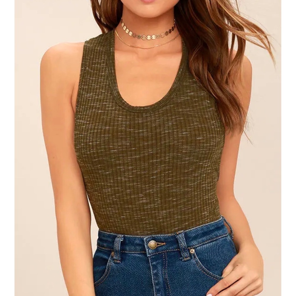 Free People Intimately Romi Fire Bodysuit Olive Green Ribbed Scoop Neck Medium